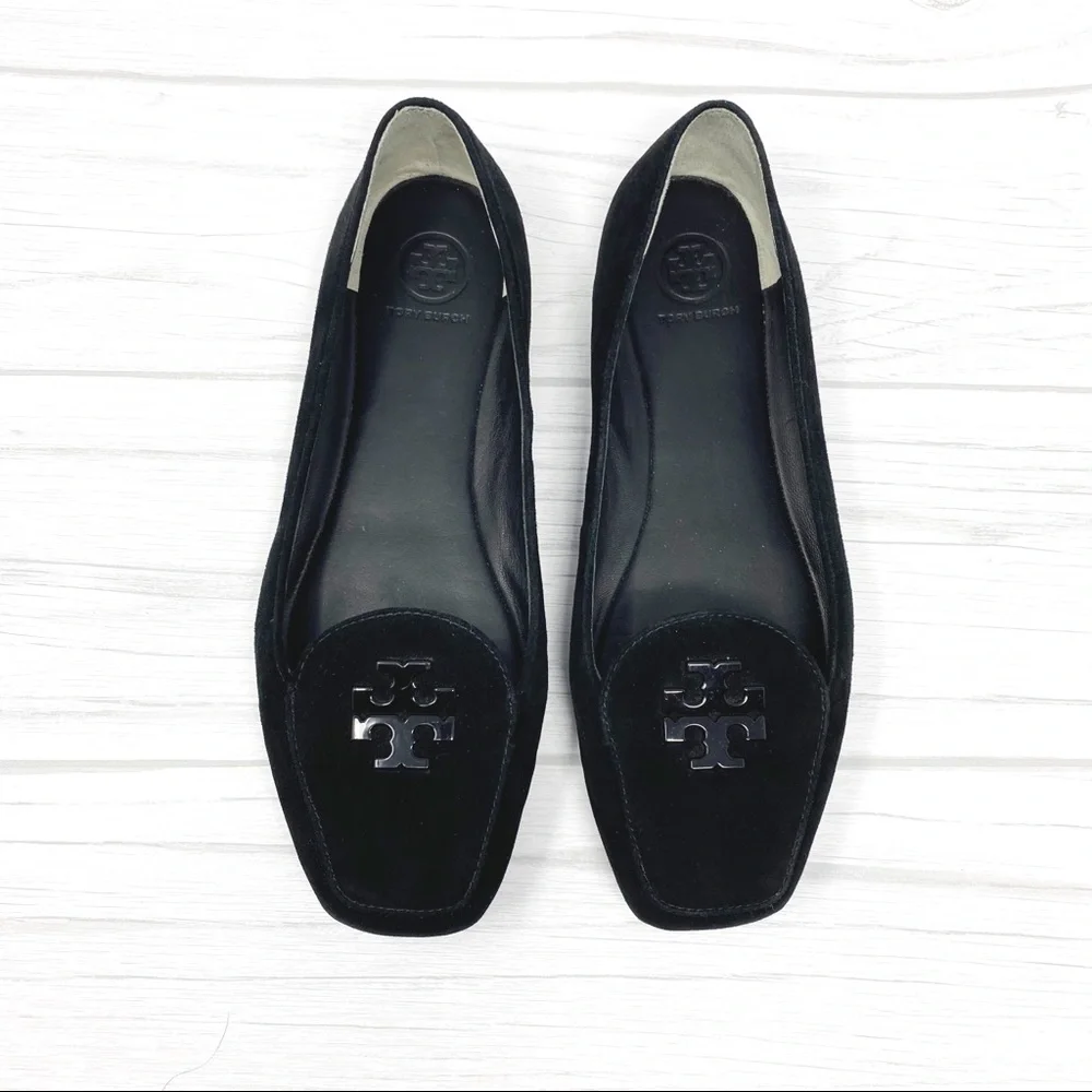 TORY BURCH Black Suede Emblem Loafers Flats